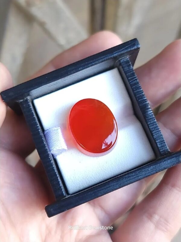 ​A large 23.32-carat Yemeni reddish carnelian agate (Aqeeq) with exceptional high clarity and a smooth cabochon polish, shown under natural lighting.