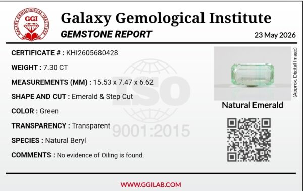 GGI laboratory certificate report number KHI2605680428 for a massive 7.30-carat untreated natural green emerald from Nigeria, featuring a prominent emerald step cut measuring 15.53 x 7.47 x 6.62 mm.