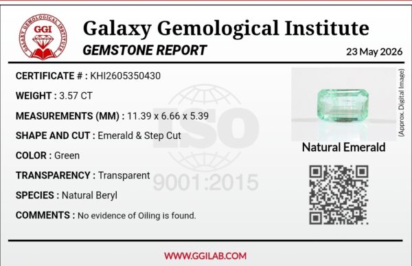 GGI laboratory certificate report number KHI2605350430 for a 3.57-carat untreated natural green emerald from Nigeria, showcasing an emerald step cut measuring 11.39 x 6.66 x 5.39 mm.