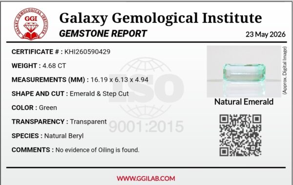 GGI laboratory certificate report number KHI260590429 for an untreated 4.68-carat natural green emerald from Nigeria, displaying an elegant emerald step cut measuring 16.19 x 6.13 x 4.94 mm.