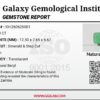 Official Galaxy Gemological Institute (GGI) Gemstone Report for a 5.00-carat Natural Emerald. The certificate lists report number KHI260626001 and displays a digital product image of the loose, emerald-cut translucent stone resting on a white reflective surface, highlighting its rich, vibrant green hue and classic parallel step-cut faceting architecture.