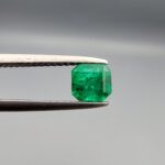 ​A natural 0.63-carat green emerald from the Swat Valley, Pakistan, featuring an octagon step cut and vivid green saturation, held in professional jeweler's tweezers.