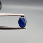 A natural 0.51-carat blue sapphire (Neelam) from Ceylon, Sri Lanka, featuring a faceted oval cut with bright cornflower blue color and high clarity, held in professional jeweler's tweezers.