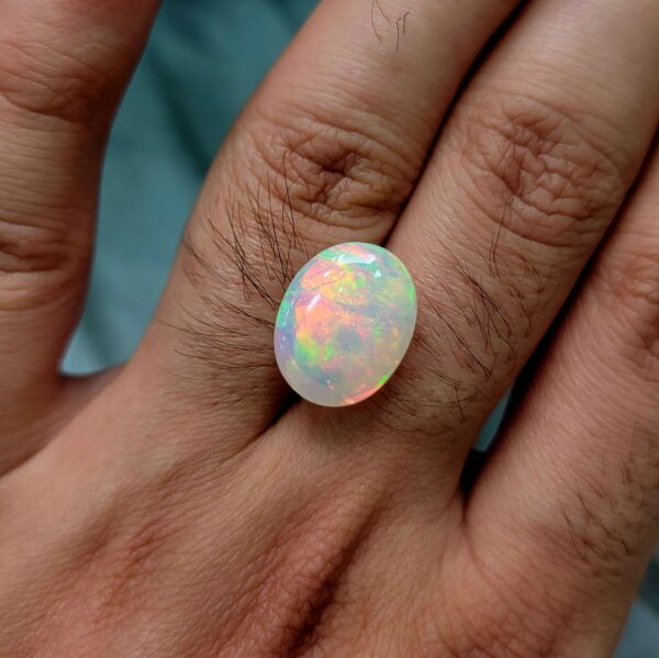 ​A premium 9.73-carat natural Ethiopian oval opal showing an intense, multi-color play-of-color with vibrant flashes of neon green, orange, red, and yellow across its entire dome, held in professional jeweler's tweezers.