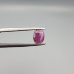 ​A natural 1.02-carat pinkish-red ruby (Yaqoot) from Mozambique, featuring a faceted oval cut with visible natural internal silk inclusions and character, held securely in professional jeweler's tweezers.