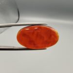 A premium 18.91-carat natural Yemeni Aqeeq agate gemstone with a polished oval cabochon cut, displaying a rich translucent orange-red color profile held securely in professional jeweler's tweezers.