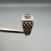 ​A premium men's 925 sterling silver statement ring featuring an oval-cut natural Ceylon blue sapphire centerpiece surrounded by a brilliant double border of sparkling white zircons, displayed from multiple professional angles on a reflective surface.
