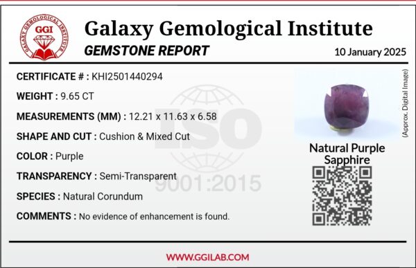 ​A massive 9.65-carat natural, unheated Ceylon purple sapphire (Khooni Neelam) showing a premium faceted cushion mixed cut, displaying a rich purple body color with mysterious undertones, resting inside a textured white leather jewelry box liner.
