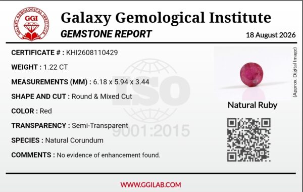 Natural Mozambique Ruby (Yaqoot) – Weight 1.22 Carat – Round Brilliant Cut – Pinkish Red – Earth Mined