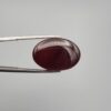 ​A massive 22.20-carat oval natural Yemeni carnelian agate cabochon held in tweezers. Without direct light, the gemstone displays an opaque, deep liver-brown tone, but under direct backlighting, it transforms into a fully translucent, deep crimson-red stone showing faint internal agate structure.