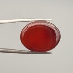 ​A massive 22.07-carat oval natural Yemeni carnelian agate cabochon held securely in tweezers. In normal lighting, the stone shows a smooth, glossy, deep liver-brown body, but under strong direct backlighting, it glows with a rich, uniform translucent reddish-crimson color.