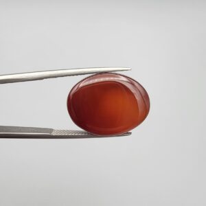 ​A premium 19.17-carat natural oval Yemeni carnelian agate cabochon held in tweezers. While appearing dark brown in flat shadow, strong backlighting transforms it into a brilliant, translucent fiery orange gemstone displaying elegant, natural curved agate zoning lines.