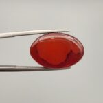 ​A premium 14.26-carat natural oval Yemeni carnelian agate cabochon held in tweezers. While appearing dark brown with a dense core in flat shadow, strong backlighting transforms it into a brilliant, translucent fiery orange gemstone displaying elegant, natural dendritic cloud-like agate zoning patterns along its lower and side edges.
