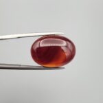 A premium 16.65-carat natural oval Yemeni carnelian agate cabochon held in tweezers. While appearing dark brown with a dense core in flat ambient lighting, strong backlighting transforms it into a brilliant, translucent fiery orange gemstone displaying elegant, natural curved agate zoning lines and parallel waterline patterns across its face.
