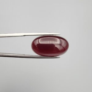 A premium 19.00-carat oval natural Yemeni carnelian agate cabochon held securely in tweezers. In normal lighting as seen in the first image, the stone shows a smooth, glossy, deep liver-brown body with a mirror-like finish. Under strong direct backlighting in the second image, it glows with a rich, uniform translucent reddish-crimson color across its entire surface.
