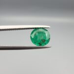 ​A rare 1.48-carat natural Swat Valley Emerald gemstone held horizontally in metal gemstone tweezers against a smooth gray studio background. The loose beryl gem features a crisp, symmetrical circular shape, exhibiting a vivid alpine-green body color accented by distinct, metallic golden pyrite crystal inclusions resting near its surface facets.