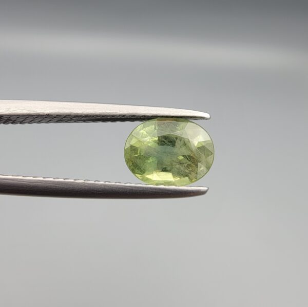 A vibrant 1.41-carat natural Green Sapphire gemstone held horizontally in professional steel gemstone tweezers against a smooth gray studio background. The loose Madagascar corundum gem features an elegant faceted oval cut, displaying a bright, translucent mint-to-olive green body color with fine facet symmetry and beautiful internal growth lines.