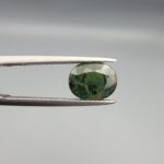 a premium, beautifully faceted 3.12-carat natural Green Sapphire gemstone is held securely in metal tweezers against a clean, neutral grey background. The loose corundum gem showcases an expert oval cut with a well-proportioned table, displaying a rich, uniform olive-green color with fine, genuine internal crystal characteristics that verify its earth-mined origin.