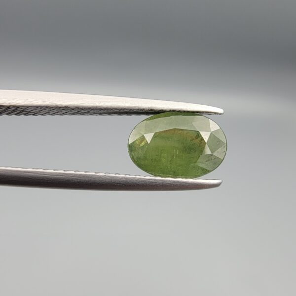 a premium, beautifully faceted 1.99-carat natural Green Sapphire gemstone is held securely in metal tweezers against a clean, neutral grey background. The loose corundum gem showcases an expert oval cut with a well-proportioned table, displaying a rich, uniform olive-green color with fine, genuine internal crystal characteristics that verify its earth-mined origin.