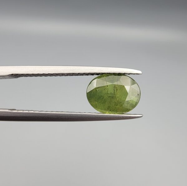 ​A premium, beautifully faceted 2.23-carat natural Green Sapphire gemstone is held securely in metal tweezers against a clean, neutral grey background. The loose corundum gem showcases an expert oval cut with a well-proportioned table, displaying a rich, uniform olive-green color with fine, genuine internal crystal characteristics that verify its earth-mined origin.