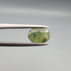 a premium, beautifully faceted 1.47-carat natural Green Sapphire gemstone is held securely in metal tweezers against a clean, neutral grey background. The loose corundum gem showcases an expert oval cut with a well-proportioned table, displaying a rich, uniform olive-green color with fine, genuine internal crystal characteristics that verify its earth-mined origin.