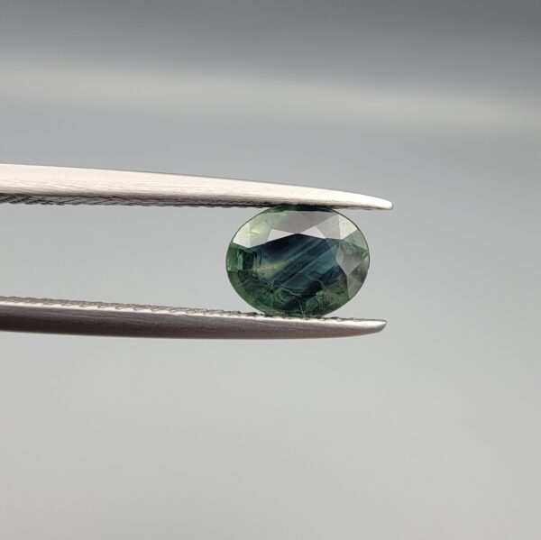 a premium, beautifully faceted 1.45-carat natural Green Sapphire gemstone is held securely in metal tweezers against a clean, neutral grey background. The loose corundum gem showcases an expert oval cut with a well-proportioned table, displaying a rich, deep olive-green color with fascinating natural internal silk patterns and genuine crystal characteristics that verify its earth-mined origin.