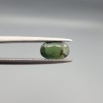 a premium, beautifully faceted 1.06-carat natural Green Sapphire gemstone is held securely in metal tweezers against a clean, neutral grey background. The loose corundum gem showcases an expert oval cut with a well-proportioned table, displaying a rich, uniform olive-green color with fine, genuine internal crystal characteristics that verify its earth-mined origin.