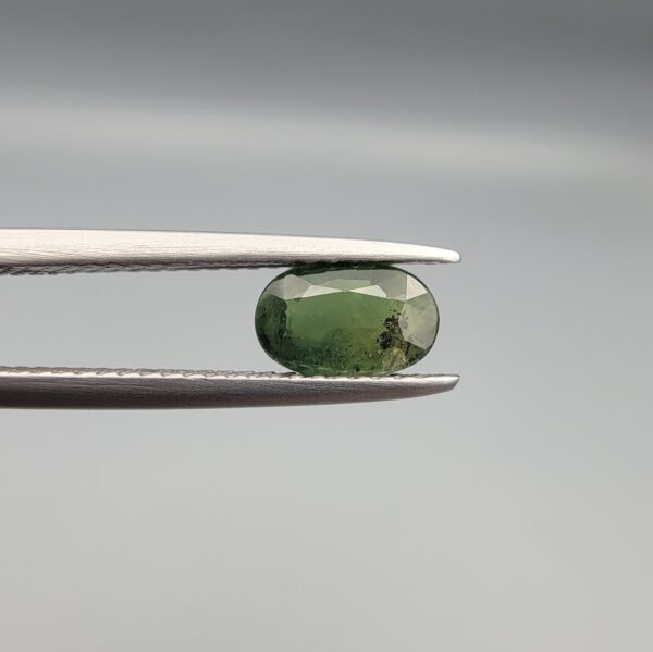 a premium, beautifully faceted 1.06-carat natural Green Sapphire gemstone is held securely in metal tweezers against a clean, neutral grey background. The loose corundum gem showcases an expert oval cut with a well-proportioned table, displaying a rich, uniform olive-green color with fine, genuine internal crystal characteristics that verify its earth-mined origin.