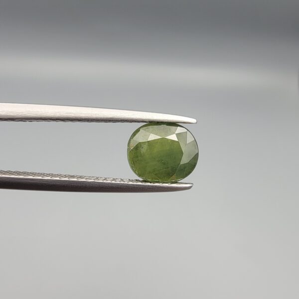 ​A premium, beautifully faceted 1.74-carat natural Green Sapphire gemstone is held securely in metal tweezers against a clean, neutral grey background. The loose corundum gem showcases an expert oval cut with a well-proportioned table, displaying a rich, uniform olive-green color with fine, genuine internal crystal characteristics that verify its earth-mined origin.