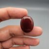 ​A perfectly polished 41.56-carat natural oval Yemeni Carnelian Agate cabochon held securely between fingers against a sleek grey background, showing off a glossy liver-brown (Kaleji) surface color. A secondary view showcases the gemstone nestled elegantly inside a premium black and white cushioned display box. A third close-up view demonstrates the stone being backlit directly by a professional gem torch, causing the entire oval cabochon to radiate a vibrant, translucent fiery red (Laal) from within its flawless internal structure.