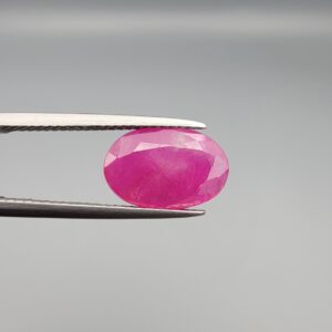 ​A premium, beautifully faceted 3.50-carat natural Ruby gemstone is held securely in metal tweezers against a clean, neutral grey background. The loose corundum gem showcases an expert oval cut with a well-proportioned table, displaying a vibrant pinkish-red color with fine, genuine internal crystal characteristics and natural silk inclusions that verify its rare, unheated earth-mined origin.