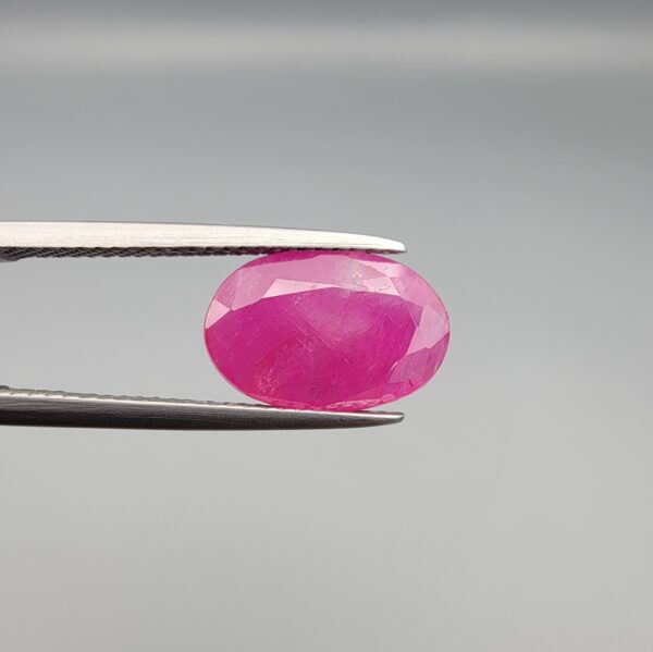 ​A premium, beautifully faceted 3.50-carat natural Ruby gemstone is held securely in metal tweezers against a clean, neutral grey background. The loose corundum gem showcases an expert oval cut with a well-proportioned table, displaying a vibrant pinkish-red color with fine, genuine internal crystal characteristics and natural silk inclusions that verify its rare, unheated earth-mined origin.