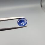A premium, beautifully faceted 0.96-carat natural Deep Blue Sapphire gemstone is held securely in metal tweezers against a clean, neutral grey background. The loose oval-cut corundum gem displays a rich, velvety deep-blue hue with striking internal silk reflection and natural growth features that serve as an indisputable signature of its unheated, earth-mined origin.
