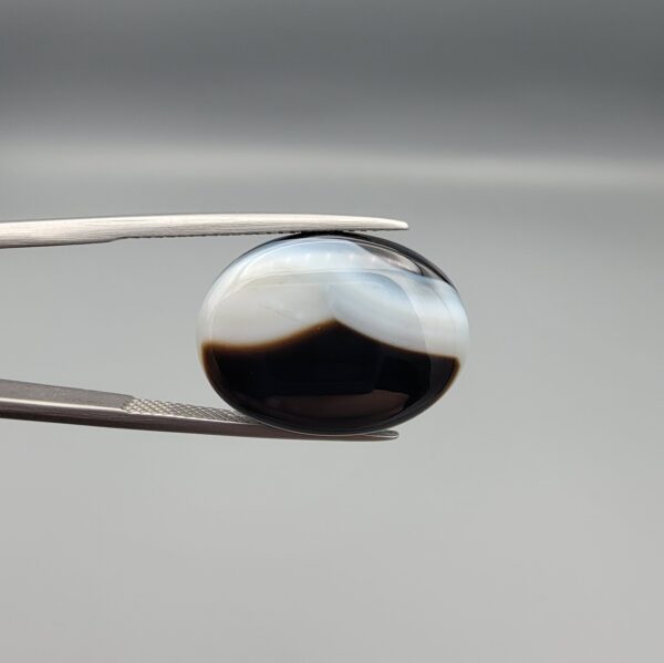 "Natural Black Banded Sulemani Aqeeq Agate oval cabochon gemstone 15.53 carat with scalloped white and brown cloud pattern held in tweezers"