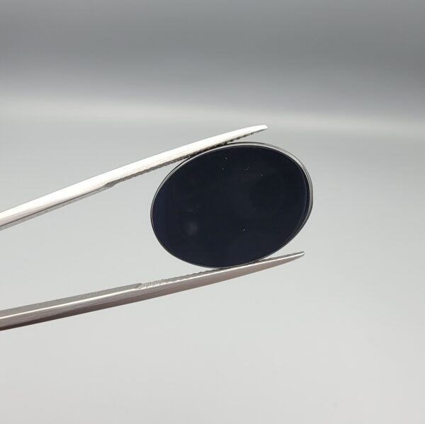 "Natural Black Sulemani Aqeeq Agate oval cabochon gemstone 14.37 carat with three natural eye spots, front and back view"