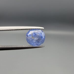 "Natural unheated Blue Sapphire Neelam gemstone 3.02 carat oval cut from Sri Lanka Ceylon held in tweezers showing cornflower blue color and natural inclusions"