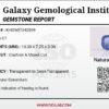Official Galaxy Gemological Institute (GGI) gemstone report card for a 2.95-carat Natural Blue Sapphire from Ceylon showing technical details including dimensions 10.08 x 7.25 x 3.36 mm, Cushion & Mixed Cut, transparent to semi-transparent clarity, blue color, and natural corundum species certification.