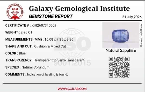 Official Galaxy Gemological Institute (GGI) gemstone report card for a 2.95-carat Natural Blue Sapphire from Ceylon showing technical details including dimensions 10.08 x 7.25 x 3.36 mm, Cushion & Mixed Cut, transparent to semi-transparent clarity, blue color, and natural corundum species certification.