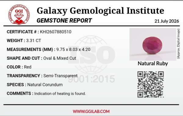 Official Galaxy Gemological Institute (GGI) gemstone report card for a 3.31-carat Natural Red Ruby from Afghanistan showing technical details including dimensions 9.75 x 8.03 x 4.20 mm, Oval & Mixed Cut, semi-transparent transparency, red color, and natural corundum species certification.