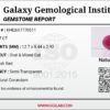 Official Galaxy Gemological Institute (GGI) gemstone report card for a 3.47-carat Natural Pinkish Red Ruby from Kabul, Afghanistan showing technical details including dimensions 12.70 x 8.44 x 2.92 mm, Oval & Mixed Cut, semi-transparent transparency, pinkish red color, natural corundum species, and no evidence of enhancement.