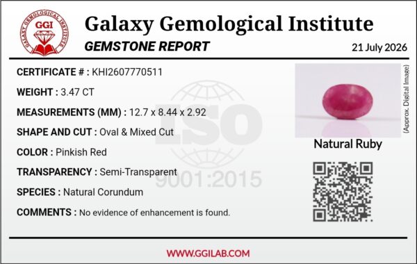 Official Galaxy Gemological Institute (GGI) gemstone report card for a 3.47-carat Natural Pinkish Red Ruby from Kabul, Afghanistan showing technical details including dimensions 12.70 x 8.44 x 2.92 mm, Oval & Mixed Cut, semi-transparent transparency, pinkish red color, natural corundum species, and no evidence of enhancement.