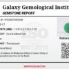 Official Galaxy Gemological Institute (GGI) gemstone report card for an 8.50-carat Natural Green Emerald from Zambia showing technical details including dimensions 14.97 x 11.23 x 7.19 mm, Oval & Mixed Cut, translucent clarity, green color, natural beryl species, and evidence of moderate oiling.