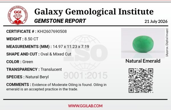 Official Galaxy Gemological Institute (GGI) gemstone report card for an 8.50-carat Natural Green Emerald from Zambia showing technical details including dimensions 14.97 x 11.23 x 7.19 mm, Oval & Mixed Cut, translucent clarity, green color, natural beryl species, and evidence of moderate oiling.