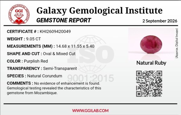 Natural purplish red ruby oval mixed cut gemstone 9.05 carat from Mozambique with GGI certification