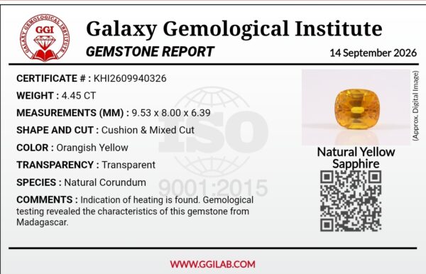 High-resolution photograph of an official Galaxy Gemological Institute (GGI) Gemstone Report certificate (No. KHI2609940326) dated 14 September 2026 for a 4.45-carat transparent Orangish Yellow natural cushion mixed-cut Yellow Sapphire from Madagascar.