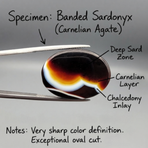 A 24.43-carat oval natural Iranian banded sardonyx carnelian agate cabochon held in tweezers against a gray backdrop. Annotations highlight a deep sard zone, a fiery carnelian layer, and crisp white chalcedony inlay banding across a high-contrast black base.
