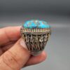"Natural Feroza Turquoise ring 28.17 grams oval cabochon from Nishapur Iran set in sterling silver 925 with tulip engraved band, Faisalabad craftsmanship"