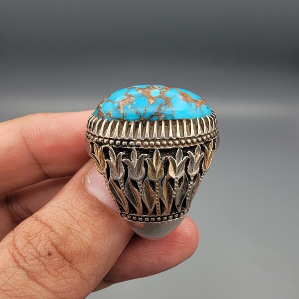 "Natural Feroza Turquoise ring 28.17 grams oval cabochon from Nishapur Iran set in sterling silver 925 with tulip engraved band, Faisalabad craftsmanship"