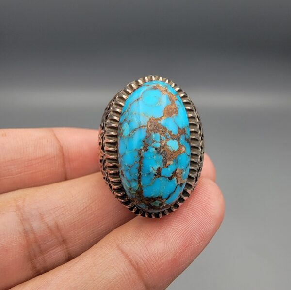 "Natural Feroza Turquoise ring 28.17 grams oval cabochon from Nishapur Iran set in sterling silver 925 with tulip engraved band, Faisalabad craftsmanship"