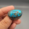 "Natural Feroza Turquoise ring 28.17 grams oval cabochon from Nishapur Iran set in sterling silver 925 with tulip engraved band, Faisalabad craftsmanship"